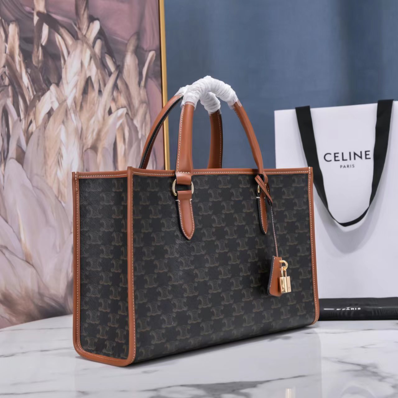 Celine Mini Horizontal Cabas In Triomphe Canvas And Calfskin Tan 199742